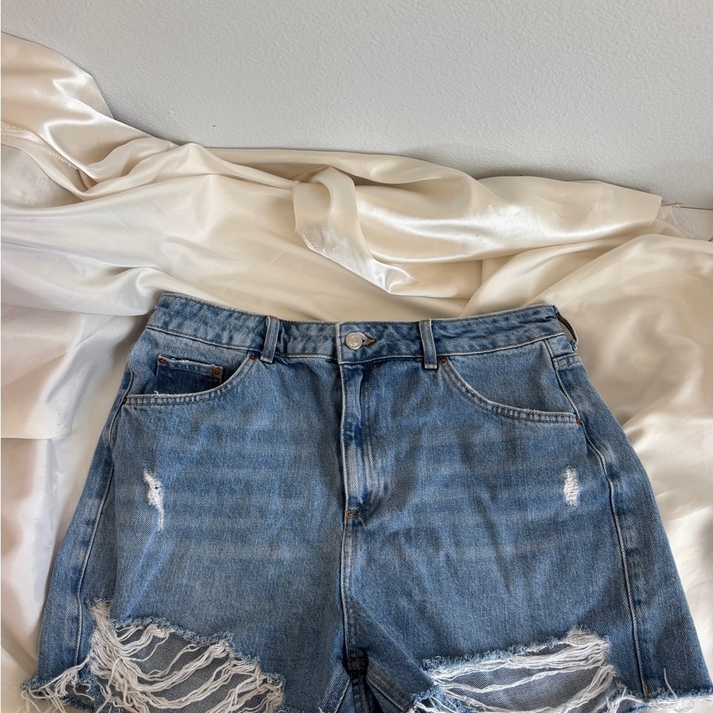 Topshop Blue Jean Shorts High-Waisted Distressed